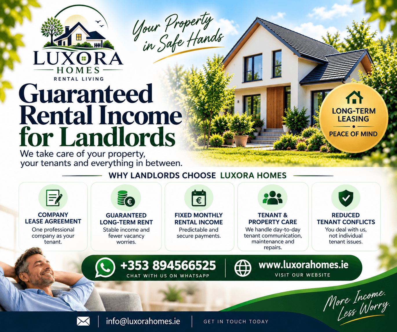 Luxora Homes panel: guaranteed rental income for landlords, with a bright detached house and the reasons landlords choose Luxora Homes